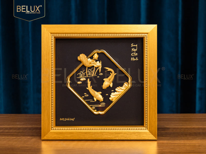 Tranh cá chép hoa sen dát vàng 24k- 23x23cm